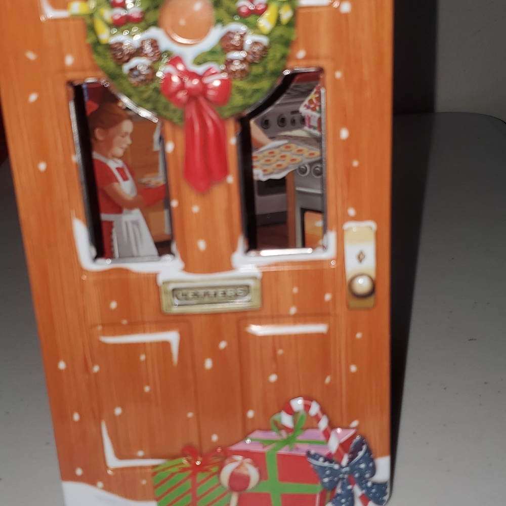 2  Festive Holiday Wreath Tin with Red and Green Accents